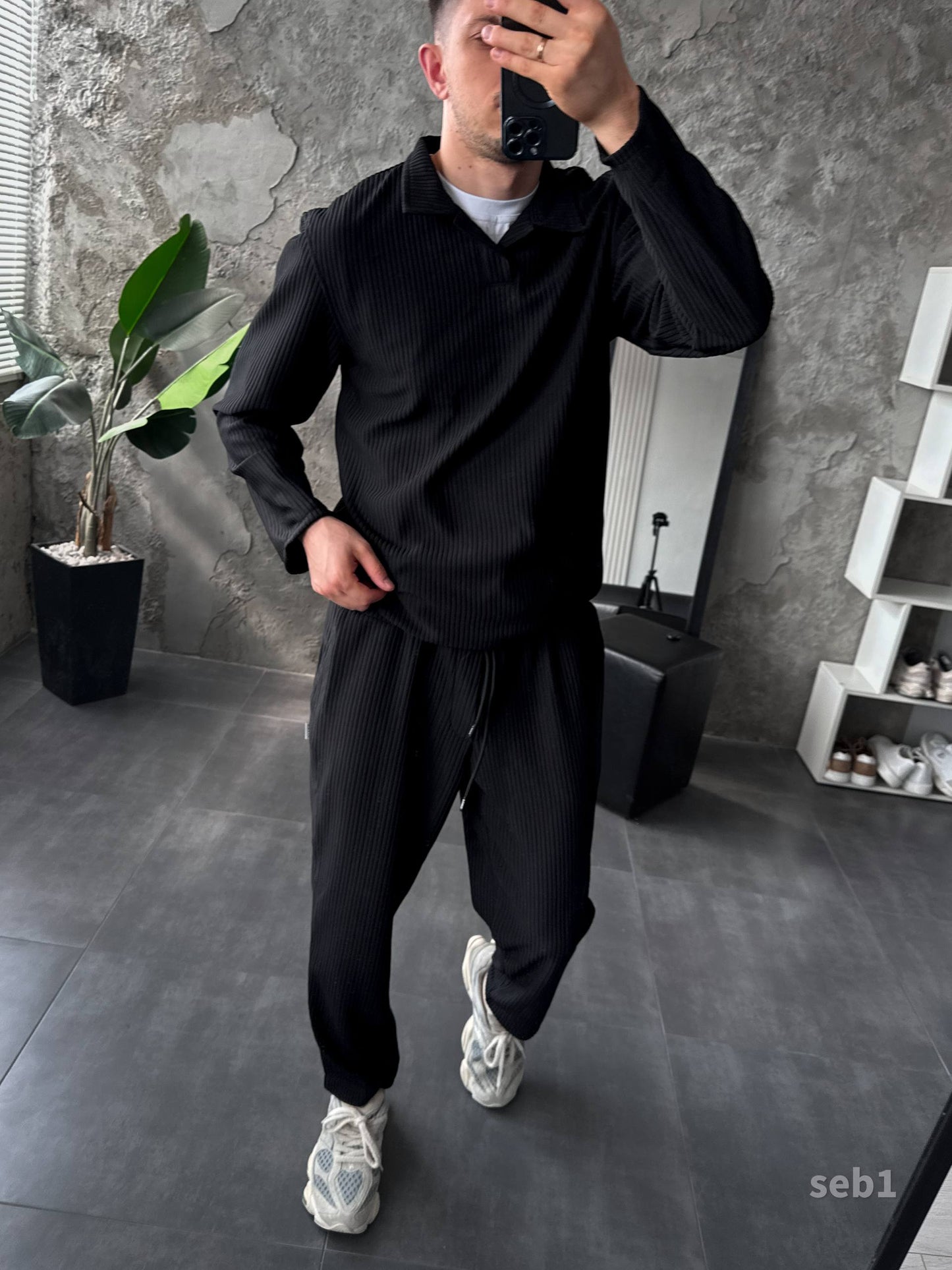 Men’s Pleated Two Piece Set – Long Sleeve Shirt and Jogger Pants, Casual Streetwear Outfit