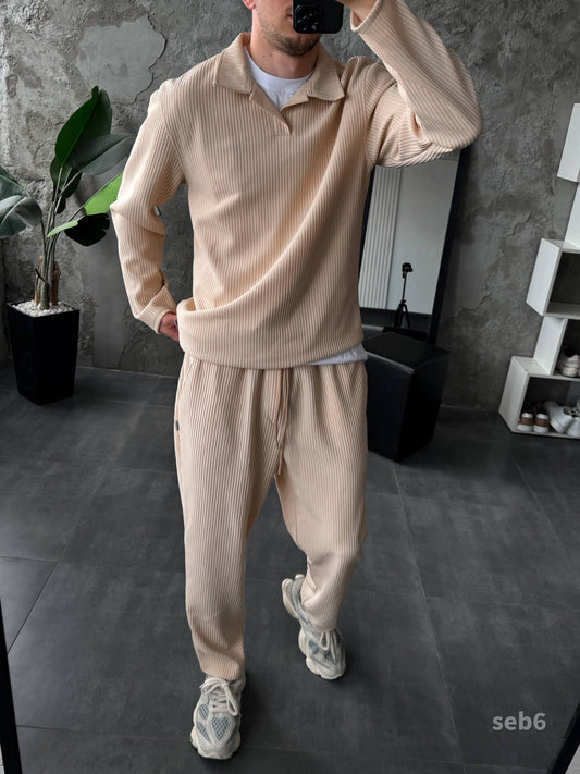 Men’s Pleated Two Piece Set – Long Sleeve Shirt and Jogger Pants, Casual Streetwear Outfit