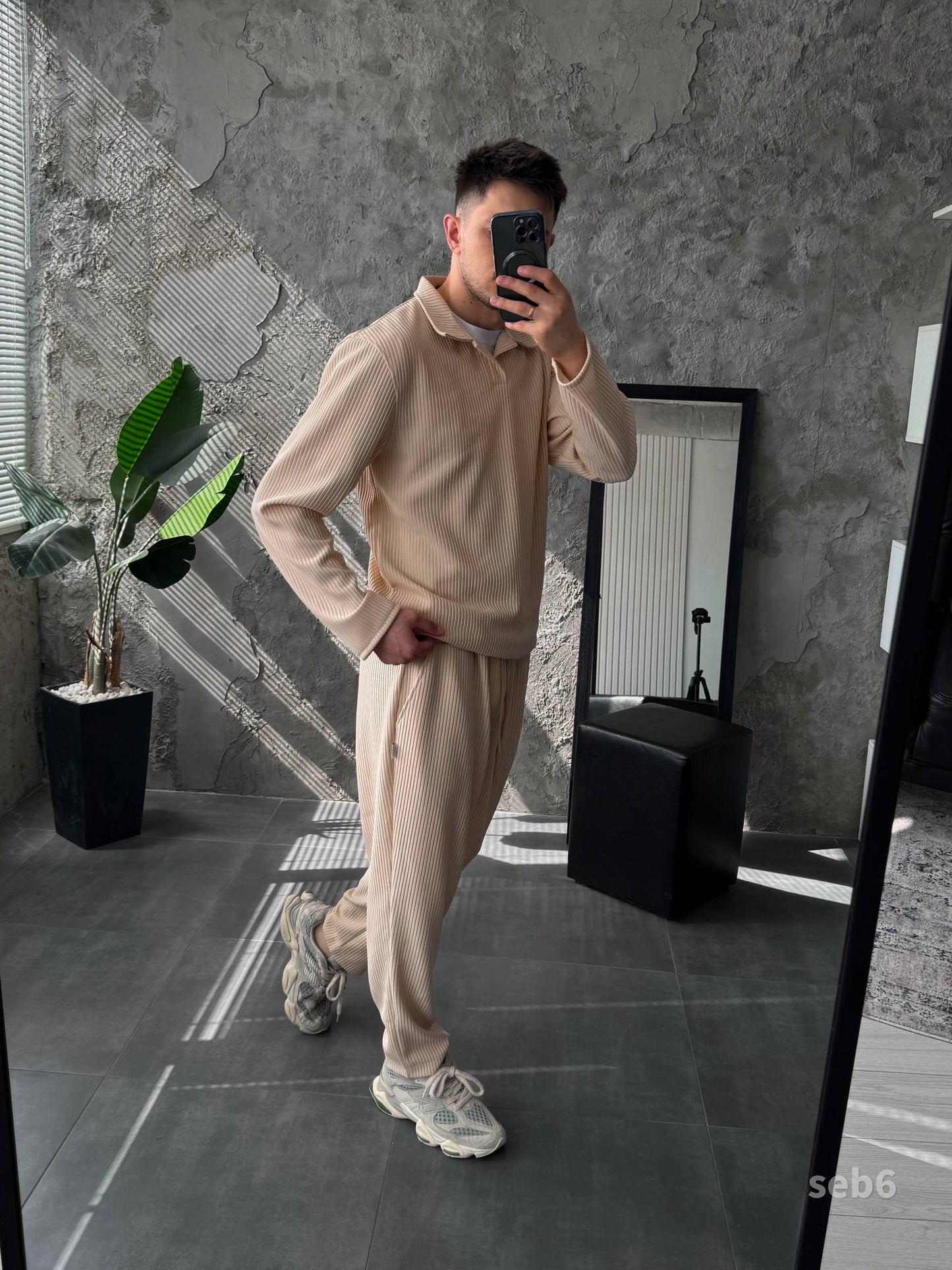 Men’s Pleated Two Piece Set – Long Sleeve Shirt and Jogger Pants, Casual Streetwear Outfit