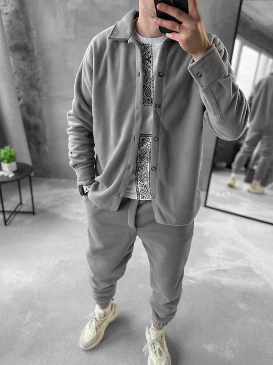 Men's Fleece Tracksuit Set: Warm Jogger Outfit with Shirt Jacket