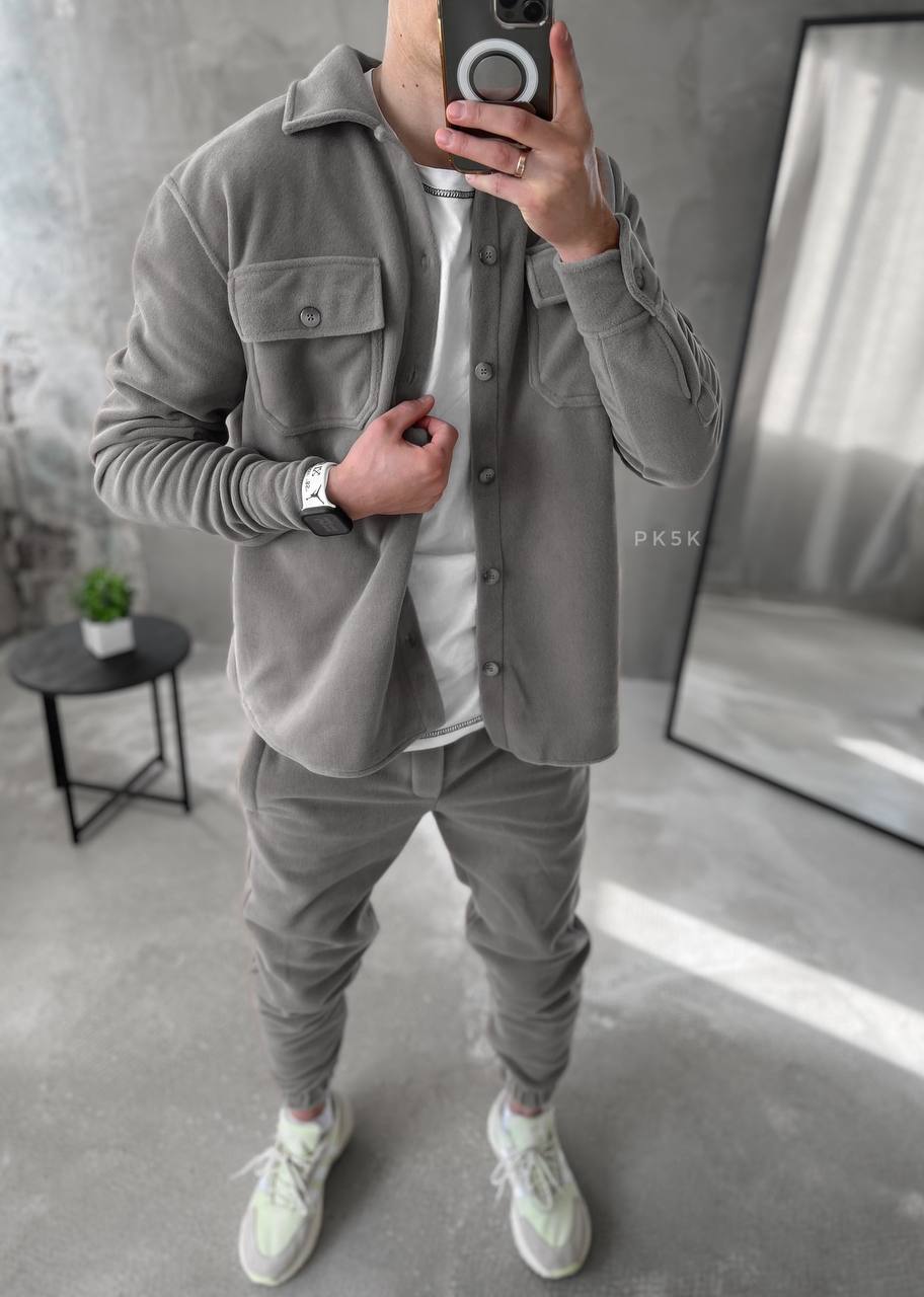 Men's Fleece Tracksuit Set: Warm Jogger Outfit with Shirt Jacket