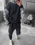 Men’s Fleece Tracksuit with Patterned Sleeves – Premium Cotton Blend Set