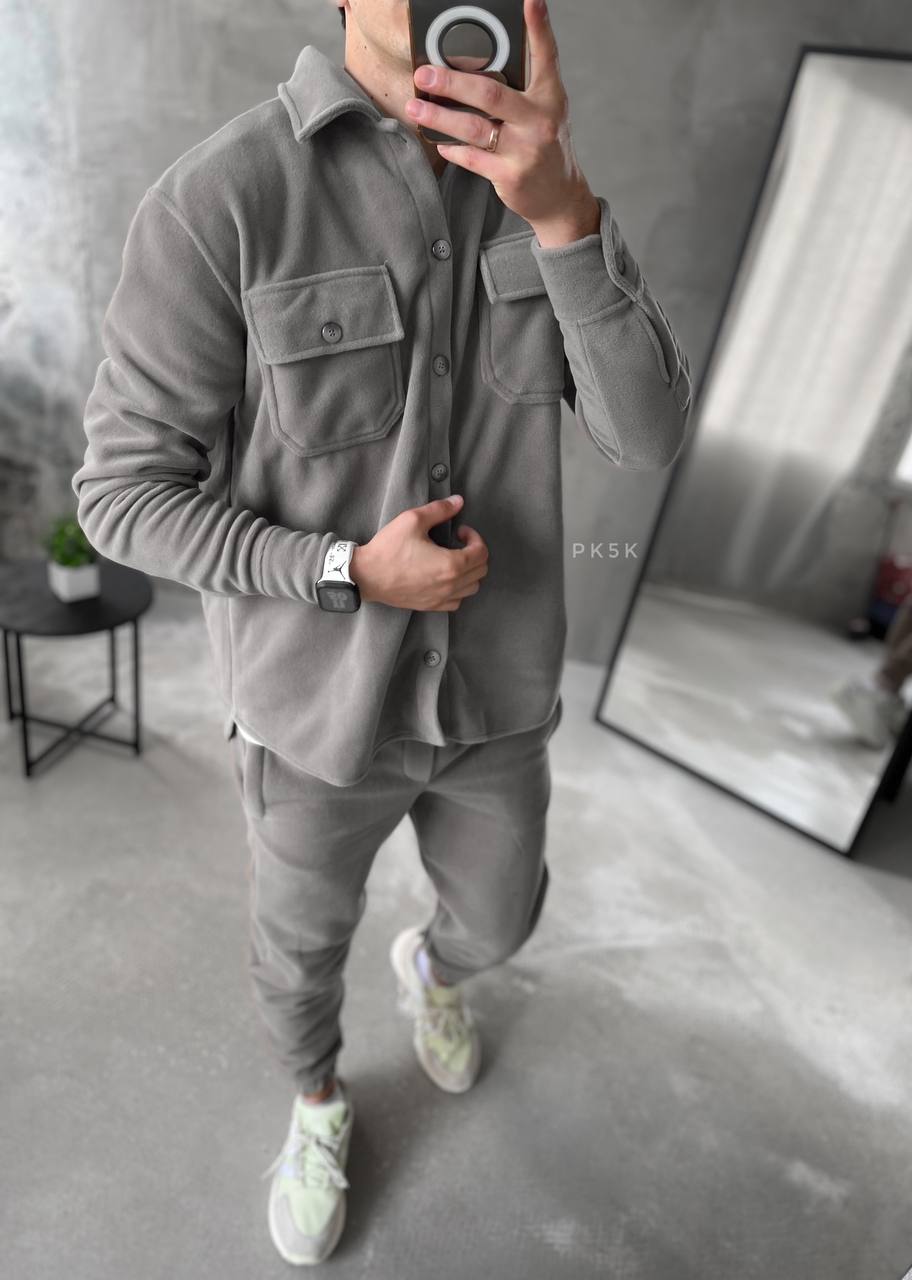 Men's Fleece Tracksuit Set: Warm Jogger Outfit with Shirt Jacket
