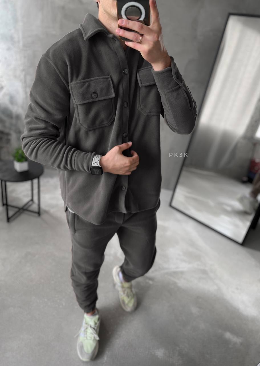 Men's Fleece Tracksuit Set: Warm Jogger Outfit with Shirt Jacket