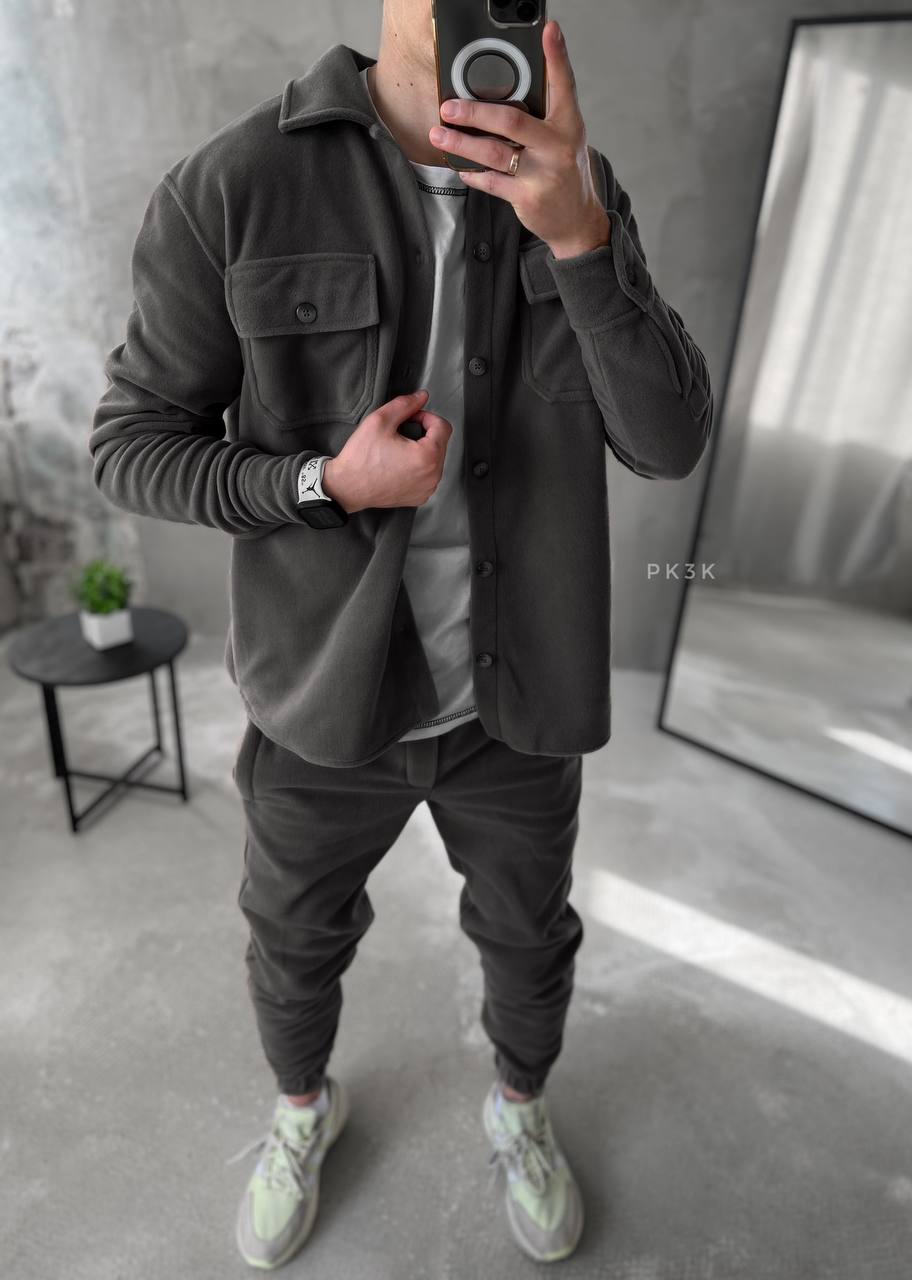 Men's Fleece Tracksuit Set: Warm Jogger Outfit with Shirt Jacket
