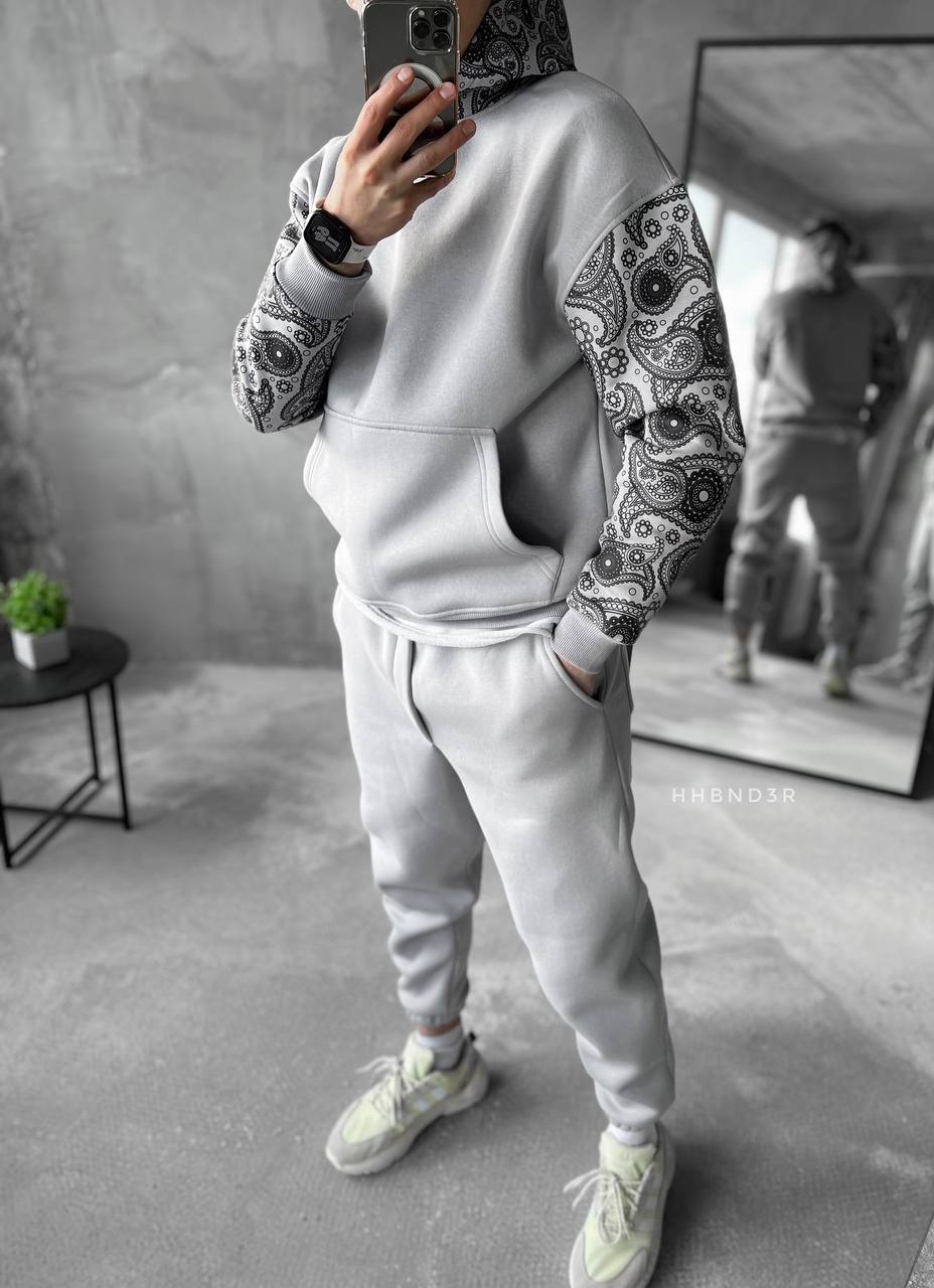 Men’s Fleece Tracksuit with Patterned Sleeves – Premium Cotton Blend Set