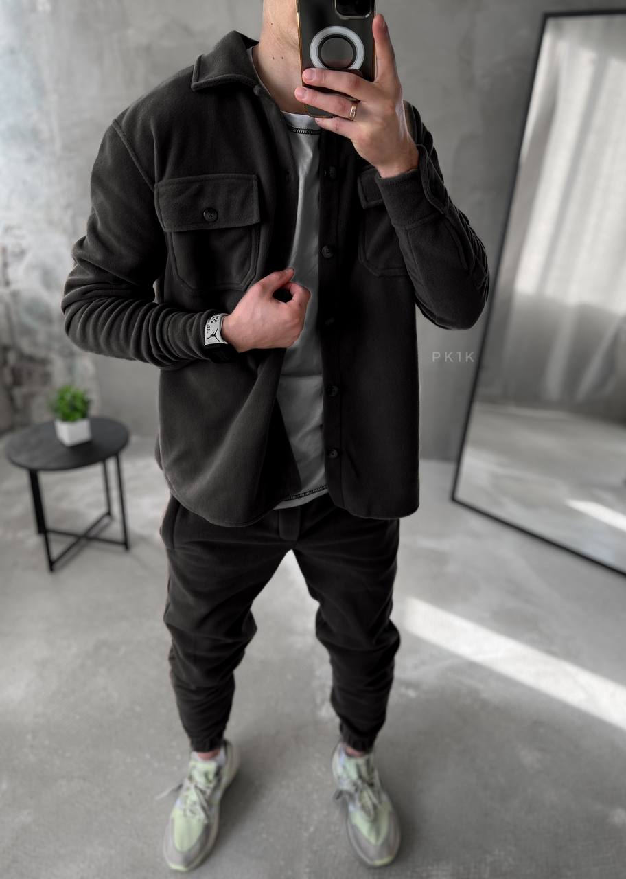 Men's Fleece Tracksuit Set: Warm Jogger Outfit with Shirt Jacket